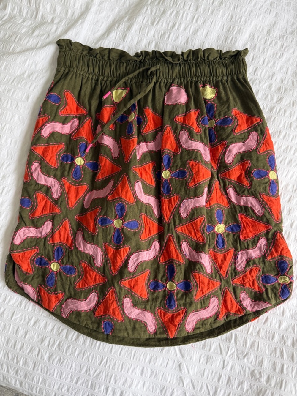 Maeve Olive A-Line Skirt with Red, Pink & Blue Floral Embroidery